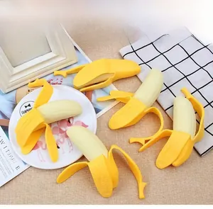 Close-up detail view of realistic peeled banana squeeze toy for creative stress relief