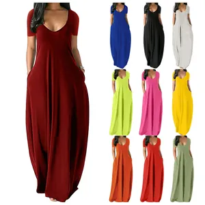 Women's Plus Size Sexy Deep V Neck Short Sleeve Maxi Dress With Pockets Casual Loose Solid Color A-Line Long Dress For Summer