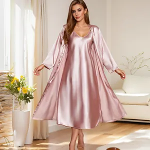 Elegant pink satin sleepwear set featuring a long robe and matching nightgown.