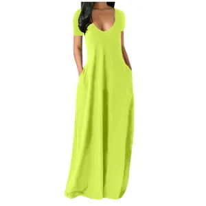 Neon green short sleeve maxi dress featuring a deep v-neck and convenient side pockets