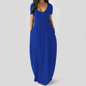 Women's plus size solid blue maxi dress featuring deep V-neck short sleeves and pockets