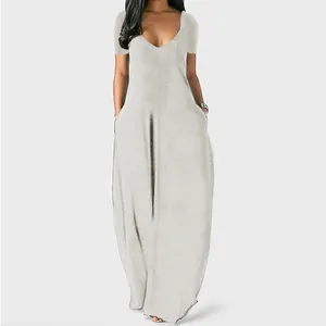 Detail view of a grey short sleeve maxi dress with deep V-neck and pockets.