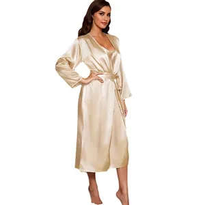 Elegant champagne satin pajama set with long belted robe and camisole nightdress