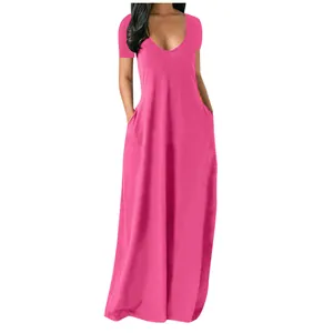 Rose pink short sleeve maxi dress with deep V-neck and pockets, plus size summer style.