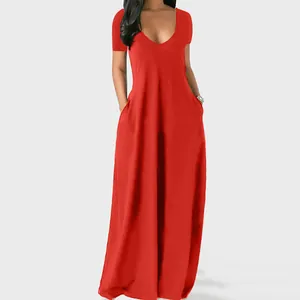 Detailed front view of a solid red deep V-neck maxi dress with short sleeves and pockets