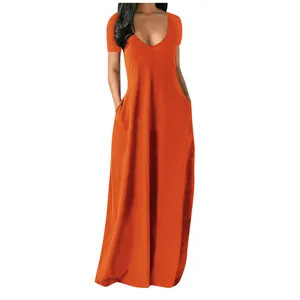 Front view of an orange deep V-neck maxi dress with convenient side pockets.