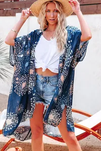 Kimono de plage bohème bleu marine chic à imprimé floral, cardigan léger pour l'été