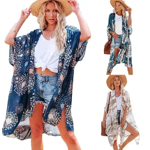 Women Summer Bohemian Printed Cover Up Mid Length Loose Sheer Polyester Sun Protection Beach Kimono Cardigan Outwear