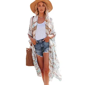 Women's summer boho printed longline cover-up with loose chiffon design for beachwear