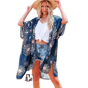 Women's floral print chiffon cover-up, lightweight bohemian summer kimono jacket