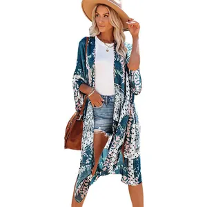 Women's bohemian floral print kimono cover-up cardigan, loose mid-length beach sun protection.