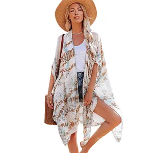Women's stylish floral print bohemian kimono cover-up for summer beach sun protection.