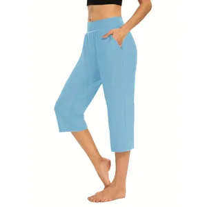 Detail showing women's light blue cropped lounge pants with practical side pockets