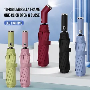 Ombrello Automatico a 10 Bacchette Con Torcia LED Antivento Pieghevole Sole Pioggia Ombrello Inverso Grande Parasole da Viaggio Per Adulti