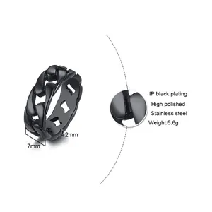 Bague chaîne gourmette noire polie pour hommes en acier inoxydable avec dimensions