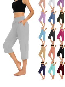 Women's Casual High Waist Capri Pants Loose Solid Color Sport Yoga Trousers With Pockets Elastic Stretch Soft Lounge Pants