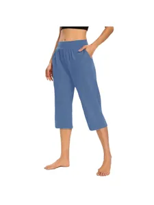 Comfortable women's solid blue loose sports casual cropped pants with side pockets