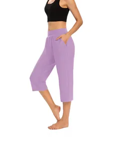 Women's comfortable purple yoga capris with high waist and pockets for casual wear