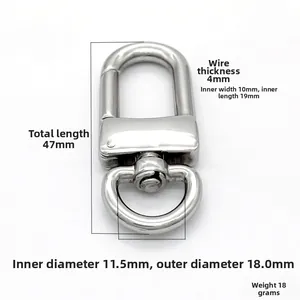 Detailed view of polished stainless steel swivel snap hook with specific dimensions shown
