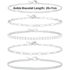 Set of five silver-toned anklets with Cuban and paperclip chains, length 20+7cm