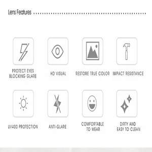 Detailed features of sunglasses lenses including UV400 protection and HD visual.