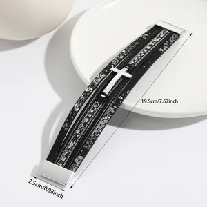 Detail view showing dimensions of multi-layer leather cross bracelet with magnetic clasp