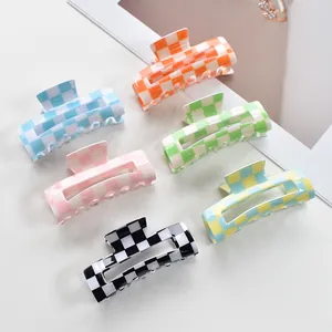 Set of colorful checkered square hair claw clips in various pastel and bold colors