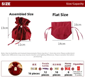 Detailed size and capacity dimensions chart for red velvet drawstring wedding favor bag