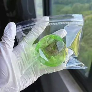 Vista dettagliata di un giocattolo squishy a forma di mela verde trasparente in busta zip