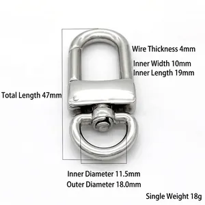 Polished stainless steel swivel lobster clasp with dimension markings for hardware