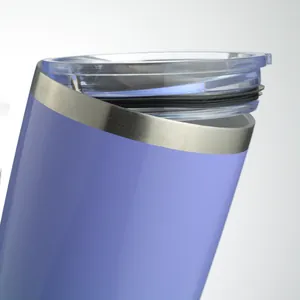 Detailed macro view of 600ml purple stainless steel tumbler with clear lid and rubber seal
