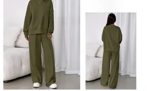 Front and back view of olive green knit sweatshirt and wide-leg pants loungewear set