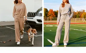 Detail view of two-piece knitted tracksuit set in casual and workout styles
