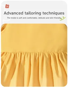 Close-up of soft yellow cotton girls dress showing advanced gathered tailoring detail