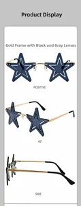 Multi-angle detail view of stylish star-shaped sunglasses with gold frames and grey lenses