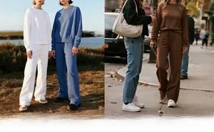 Collage showing stylish knit sweatshirt and wide-leg pants in casual street settings