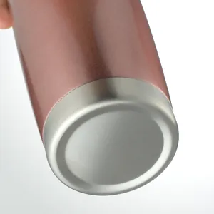 Close-up of the stainless steel bottom and rose gold metallic finish of a 600ml tumbler