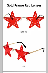 Close-up front and 45-degree views of red star-shaped sunglasses with gold frames