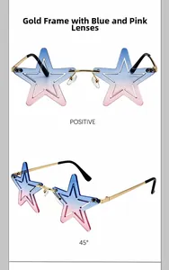 Front and 45-degree angle views of gold frame star-shaped sunglasses with blue-pink lenses.
