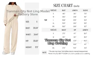 Detailed size chart for women's two-piece knit sweatshirt and wide-leg pants set in beige