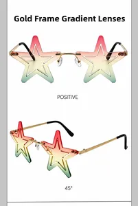 Detail view of star-shaped sunglasses with gold frame and tri-color gradient lenses.