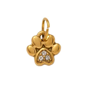 18k gold plated stainless steel paw print charm pendant with three small crystals
