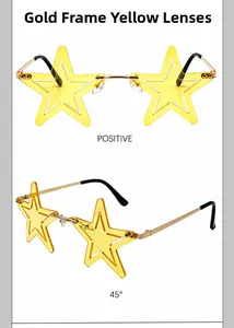 Detail view of star-shaped party sunglasses with gold frame and yellow lenses