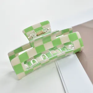 Elegant green and white checkered hair claw clip square acetate shark clip for women