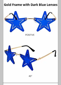 Detailed close-up showing the gold frame and blue lenses of star-shaped sunglasses.