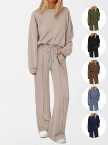 Women Casual Knit Sweatshirt And Wide Leg Pants Solid Color Long Sleeve Loungewear Top And Bottom Autumn Winter Outfit