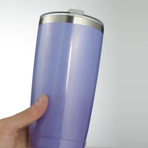 Detailed view of a 600ml large capacity purple glitter insulated tumbler with a lid.