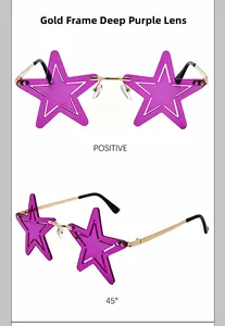 Detailed view of star-shaped party sunglasses featuring gold frame and purple lenses.