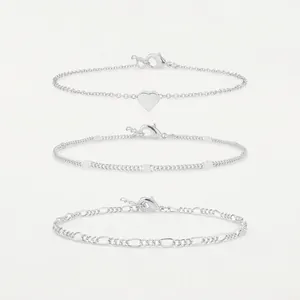 Brass Waterproof Cuban Link Anklet Set For Women Heart Pendant Figaro Chain Rhinestone Anklets Jewelry Birthday Gift