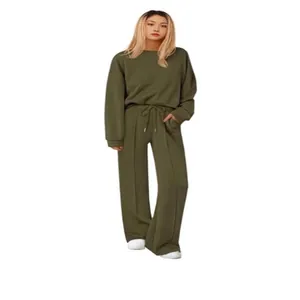 Women's autumn olive green 2-piece knitted tracksuit set including sweatshirt and wide-leg pants